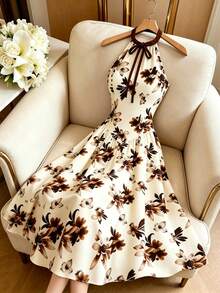 GlowEve Women's Sleeveless White Floral Print Tie-Waist A-Line Maxi Dress, Elegant Summer Holiday Vacation Wedding Guest Resort Midi Dress Textured - Multicolor - View 9