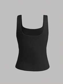 SHEIN Kamisol Rajut Hitam Elastis Tinggi untuk Remaja Perempuan, Kerah Persegi, Pinggang Berkerut, Pas Badan, Serbaguna - Hitam - View 2