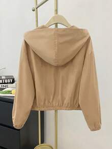 SHEIN Teen Girl Woven Solid Color Pocket Loose Casual Hooded Jacket - Khaki - View 2