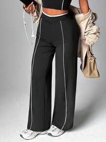Dewbera Dewbera Women's Contrast Color Casual Straight Leg Fitness Workout Pants - Black and White - View 7