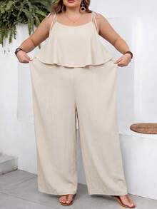 SHEIN CURVE+ Curve 尺码 US22 音乐节、海滨度假、波西米亚风女士休闲度假纹理纯色连体裤 - 杏色 - 查看 3