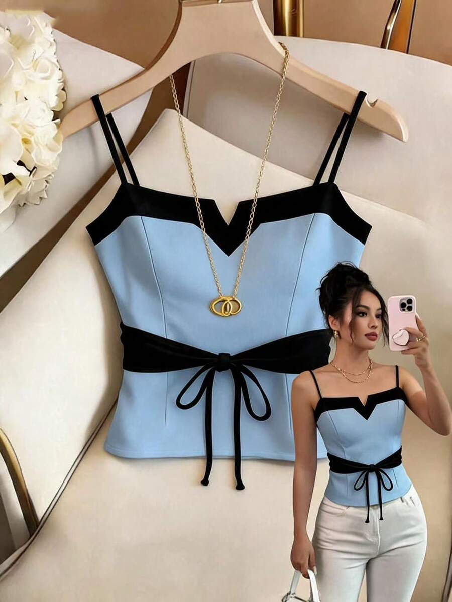 Selianne New Design Tie-Up Camisole Top, Colorblock Elastic Fitted Top, Women V-Neck Sleeveless Blouse Golf Pastal Summer Sexy - Blue - View 1