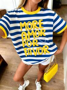 DrmWander Kaos Kasual Lengan Pendek Leher Bulat Motif Huruf & Garis untuk Wanita Ukuran Besar - MultiWarna - View 1
