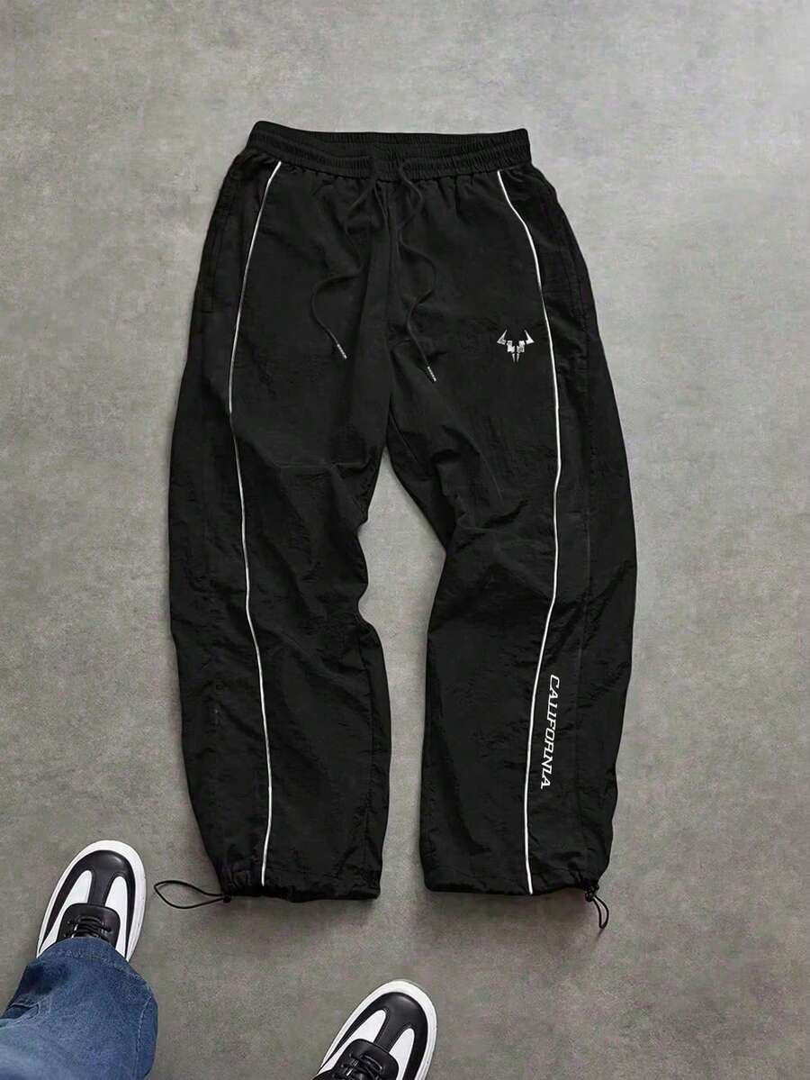 Sport MetroGents Men's Casual Daily Letter Print Drawstring Waist Sports Pants, Gym - Black - View 1