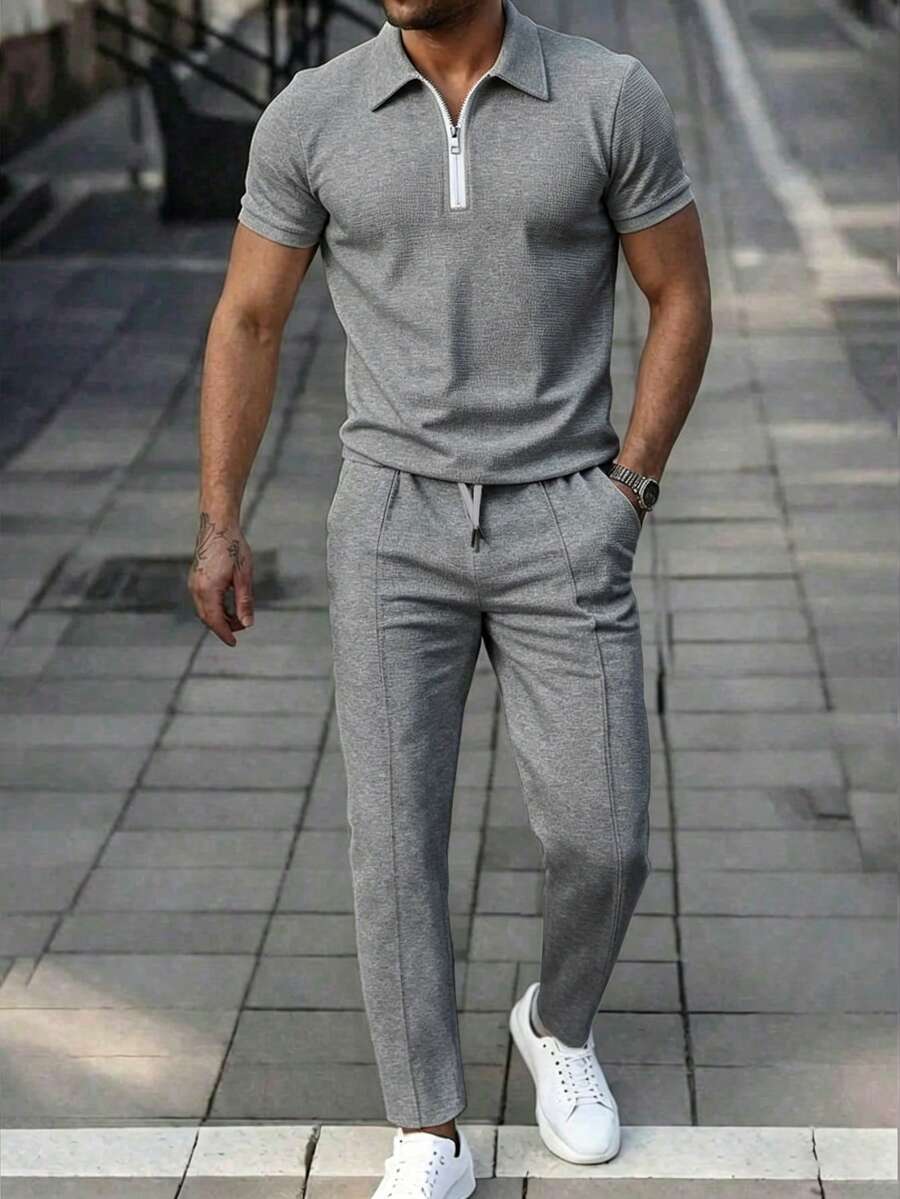 Manfinity Homme 男士休闲翻领短袖Polo衫和长裤,夏季通勤套装 - 淺灰色 - 查看 1