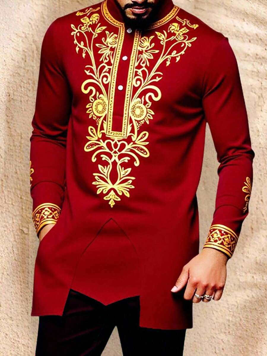Manfinity AFTRDRK Robe Camisa com Estampa Gráfica Tamanho Padrão Masculino, Presente de Férias do Oriente Médio Terno Dashiki Masculino, Vestimenta Africana Masculina Camisa Vermelha e Dourada, Terno Africano Masculino - Vinho - Visão 1
