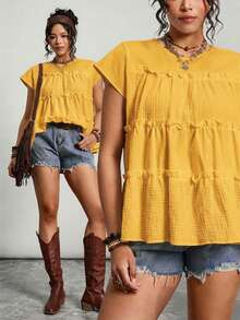 Freevana Plus Size Solid Color Ruffle Collar Casual Summer Shirt - Yellow - View 7