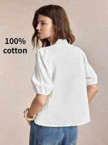 BizChic Blusa de mujer con parches de encaje, de un solo pecho, versátil y de moda - Blanco - Ver 5