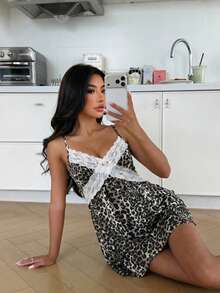 ZzzCrew Lace Trim Leopard Print Women's Camisole Nightgown - Multicolor - View 3