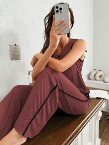 SHEIN Women's Casual Solid Color Cardigan Top And Pants Loungewear Set - Burgundy - View 5