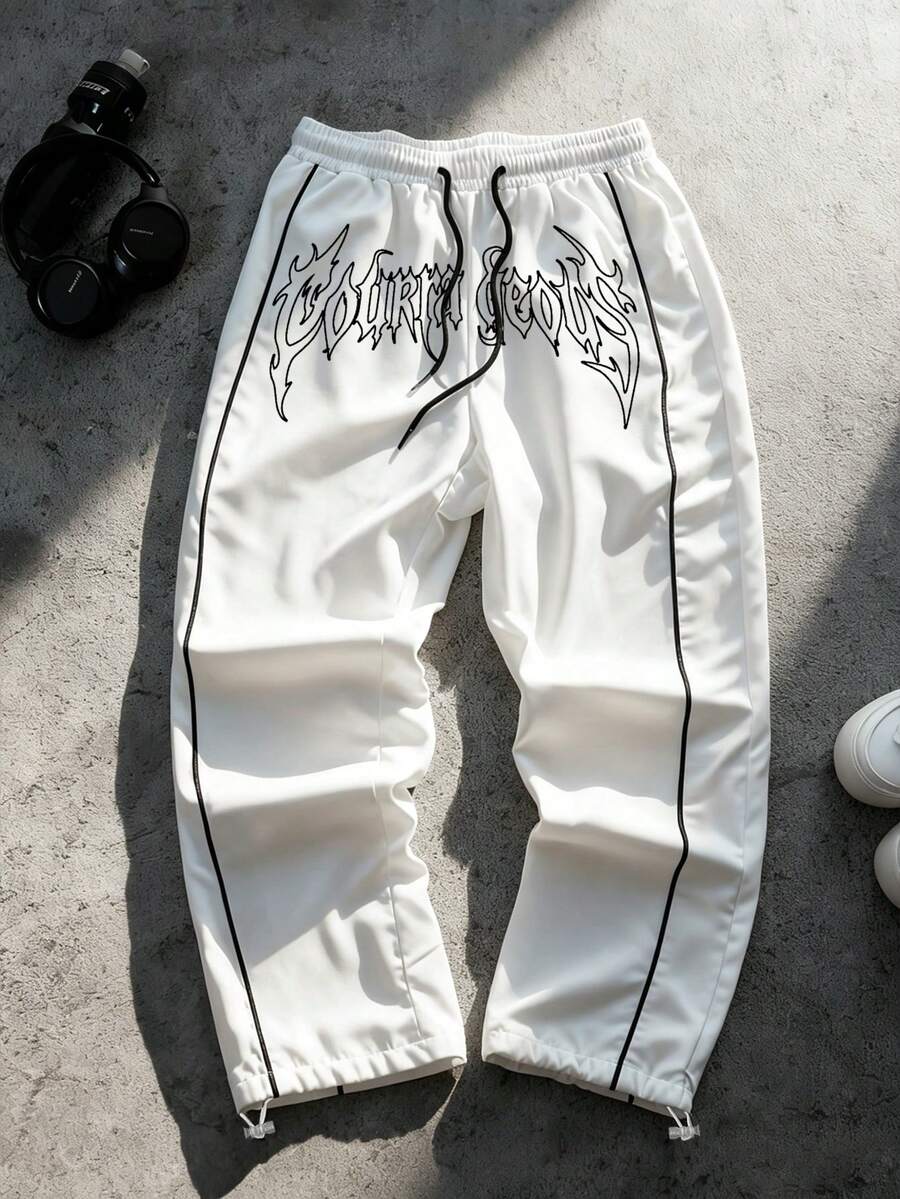Sport MetroGents Men's Letter Print Drawstring Waist Loose Fit Sweatpants Sweat Pants, Gym - White - View 1