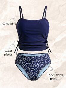 Girlism Tween Girl Floral Print Tankini Set - High Stretch, Fashion Swimwear For Swimming, Holiday, Summer Beach Vacation Navy Blue Tropical Cute - Royal Blue - View 1