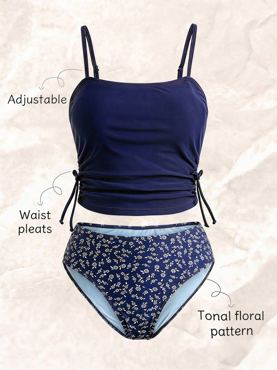 Girlism Tween Girl Floral Print Tankini Set - High Stretch, Fashion Swimwear For Swimming, Holiday, Summer Beach Vacation Navy Blue Tropical Cute - Royal Blue - View 1