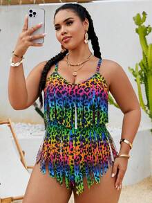 Slaydiva 2026 New Summer Beach Vacation Colorful Leopard Print Animal Pattern Music Festival Party Tassel Plus Size Romper - Multicolor - View 4