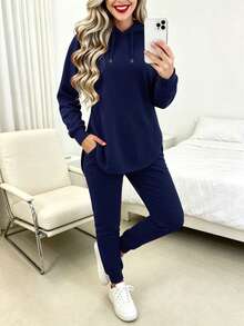 Tropvida Conjunto casual de 2 piezas de sudadera con capucha de manga larga y cordón y pantalones de unicolor para mujer, otoño - Azul Marino - Ver 4