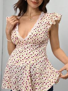 Momance Áo bầu tay bèo xòe, cổ chữ V, viền ren, hở lưng thắt nơ bướm, vạt chữ A, họa tiết vân nổi - Nhiều màu - Xem 2