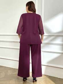 Reflora Conjunto de 2 piezas de top y pantalones elegantes con decoración de diamante de imitación para tallas grandes - Rojo violeta - Ver 2
