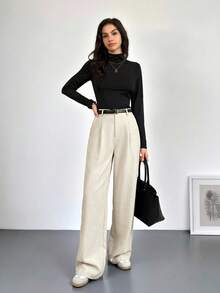 SHEIN Tall 女教師穿搭灰色摺疊壓褶優雅長褲附口袋，秋冬灰色高腰寬腿鬆垮大尺寸長褲，商務專業女裝寬腿寬鬆長褲，秋季女裝冬季女裝外出下身褲 - 杏色 - 查看 4