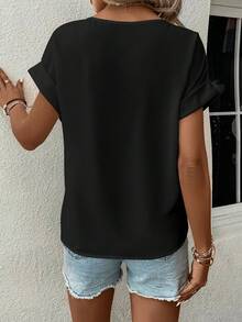 SHEIN Clasi Solid Color Notched Collar Casual Short Sleeve Shirt, Summer - Black - View 2