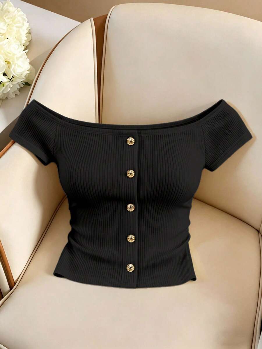 GlowEve White Ribbed Off-Shoulder Faux Placket Button Elegant Top For Women - Black - View 1