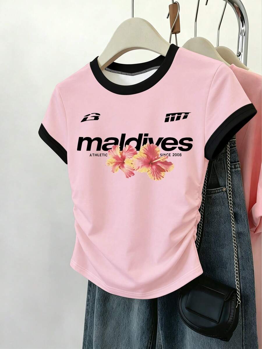 1pc Tween Girls' Maldives Floral Letter Print Contrast Color Short Sleeve T-Shirt,Light Pink,Summer,Graphic,Streetwear,City Break,Holiday Cropped Tee - Multicolor - View 1