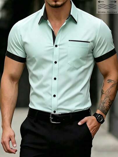 Manfinity Bizformal Men's Summer Casual Vacation Daily Work Commute Contrast Trim Short Sleeve Shirt
