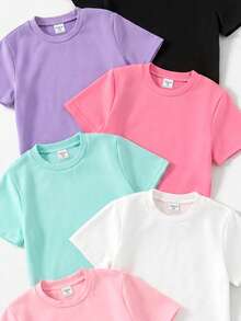 SHEIN 6 Stücke Mädchen Casual Komfortable Unifarben Rundhals Kurzarm T-Shirt Set, Sommer, ideales Geschenk für Mädchen Oberteile Kinder - Verschiedenfarbig - Übersicht 5