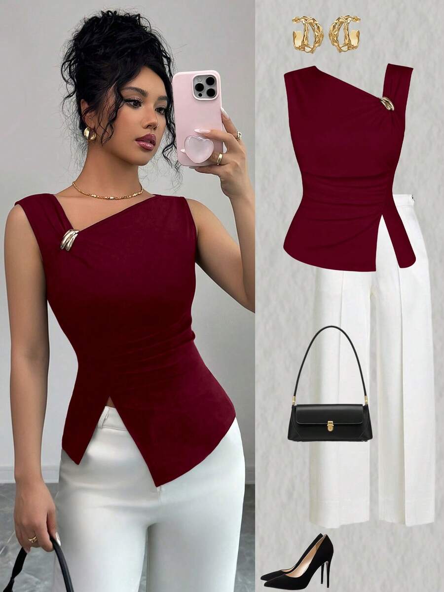 SHEIN Elenzya Áo hai dây nữ thời trang, thanh lịch, màu trơn, vai lệch bất đối xứng - Màu Đỏ Sâu - Xem 1