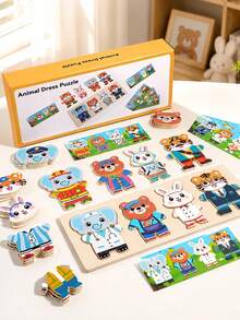 MINKOJA Kids Wooden Animal Dress-Up Puzzle Educational Career Recognition Matching Game Hand-Eye Coordination & Focus Training Role-Play Montessori Early Learning Toy - Multicolor - View 10