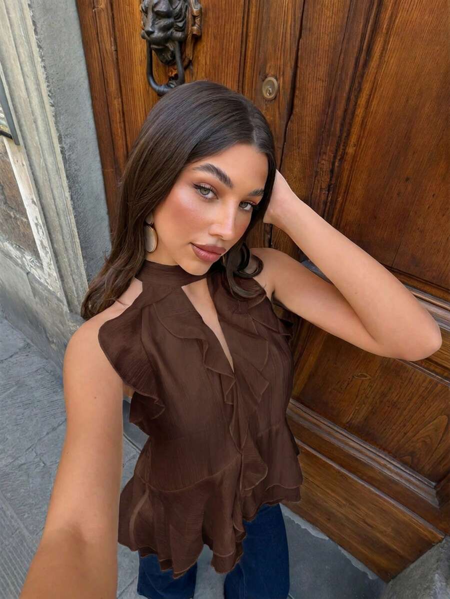 Siren Gaze Women's Ruffle Trim Blouse, Spring/Summer New Arrival - Brown - View 1