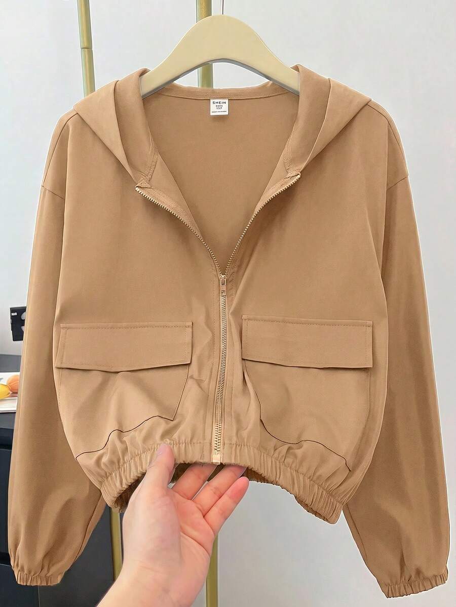 SHEIN Tonårsflicka vävd enfärgad ficka lös casual huvjacka - Kaki - Visa 1