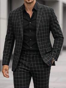 Manfinity Bizformal Men's Stand Collar Long Sleeve Blazer And Pants 2 Pieces Formal Suit Set For Casual Commuting , Ceremony - Black - View 6