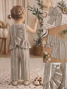 SHEIN Bộ áo peplum không tay kẻ sọc cho bé gái kèm quần ống rộng cùng màu, thích hợp cho mùa hè. Bộ đồ thường ngày cho bé gái, thời trang mùa hè, 2 món, quần áo trẻ em. Quần áo trẻ em gái, bộ đồ trẻ em gái, áo thun phối hợp cho bé gái. - Màu Khaki - Xem 1