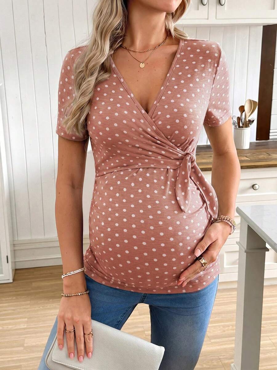 SHEIN Casual Elegant Tie Bow Polka Dot Print Maternity T-Shirt - Baby Pink - View 1