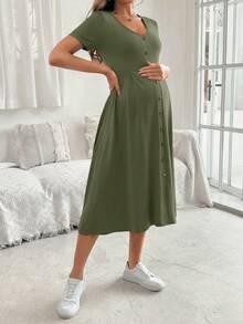 Cheriluna Maternity 女款優雅V領短袖A字版型鈕扣裝飾孕婦洋裝，夏季 - 軍綠色 - 查看 3