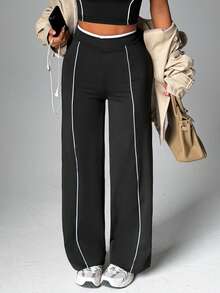 Dewbera Dewbera Women's Contrast Color Casual Straight Leg Fitness Workout Pants - Black and White - View 1