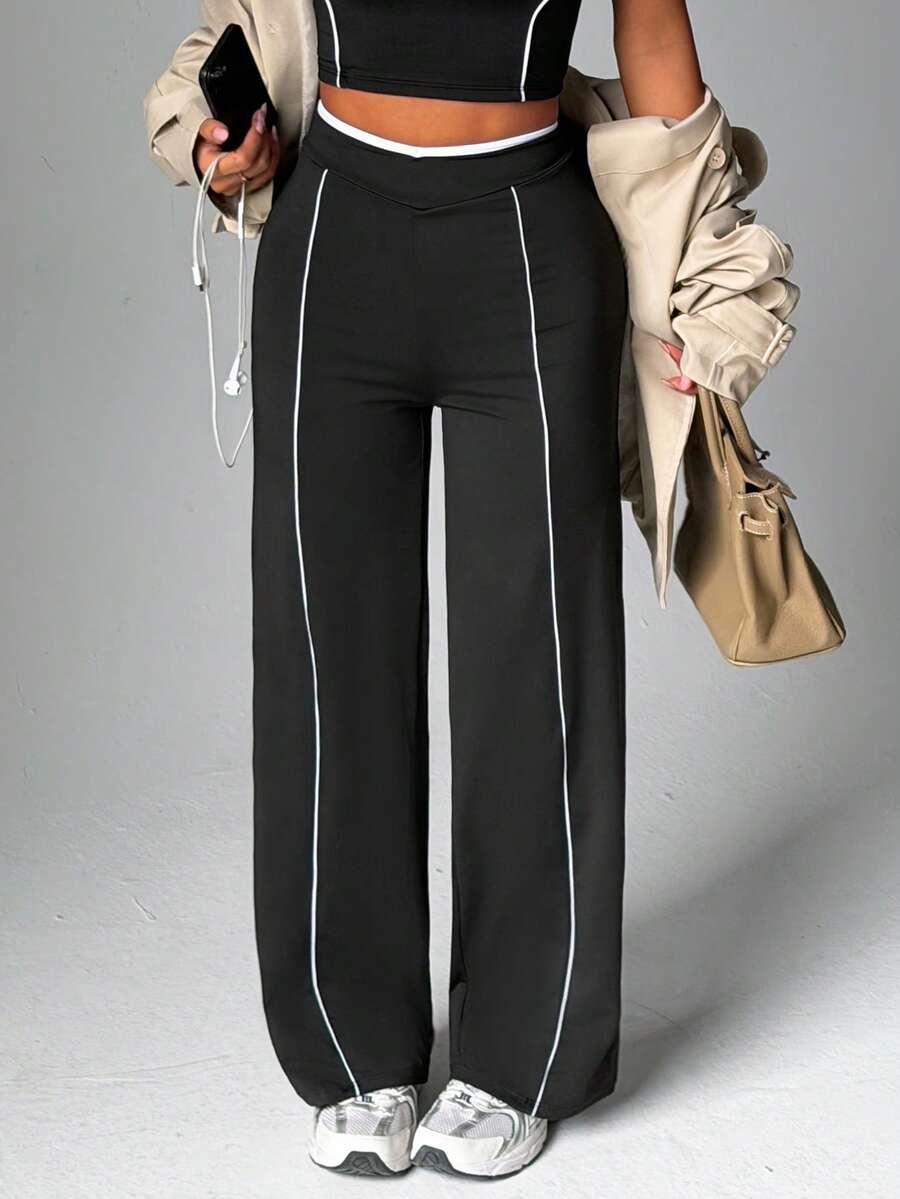 Dewbera Dewbera Women's Contrast Color Casual Straight Leg Fitness Workout Pants - Black and White - View 1