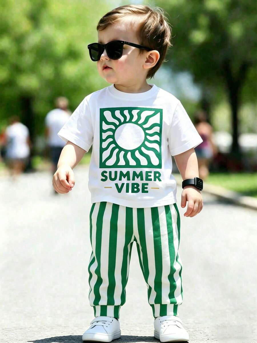 2件套幼儿男童夏季阳光印花圆领短袖T恤和松紧腰条纹抽绳裤套装,婴儿服装,男婴T恤套装,夏季套装,适合6个月至3岁宝宝,沙滩度假风,休闲度假风 - 彩色 - 查看 1
