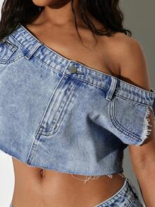 Denimoi Cropped Off Shoulder Denim Top Fashion Streetwear Sexy Crop Spring Summer Concert Night Out Light Blue - Light Wash - View 4