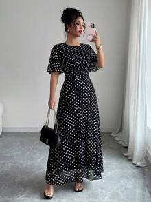 Modelyn Women's Elegant Round Neck Ruffle Flare Sleeve Fitted Flowy Maxi Chiffon Dress, Spring/Summer - Black and White - View 1
