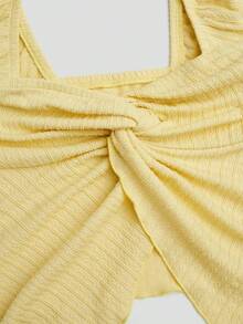 GlowEve Women's Knitted Striped Floral Jacquard Elastic Scoop Neck Twist Front Split Shoulder Short Sleeve Backless Casual Daily Versatile T-Shirt, Summer - Yellow - View 7