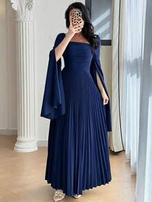 Modelyn Solid Color Square Collar Pleated Cape Sleeve Elegant Dress - Navy Blue - View 8