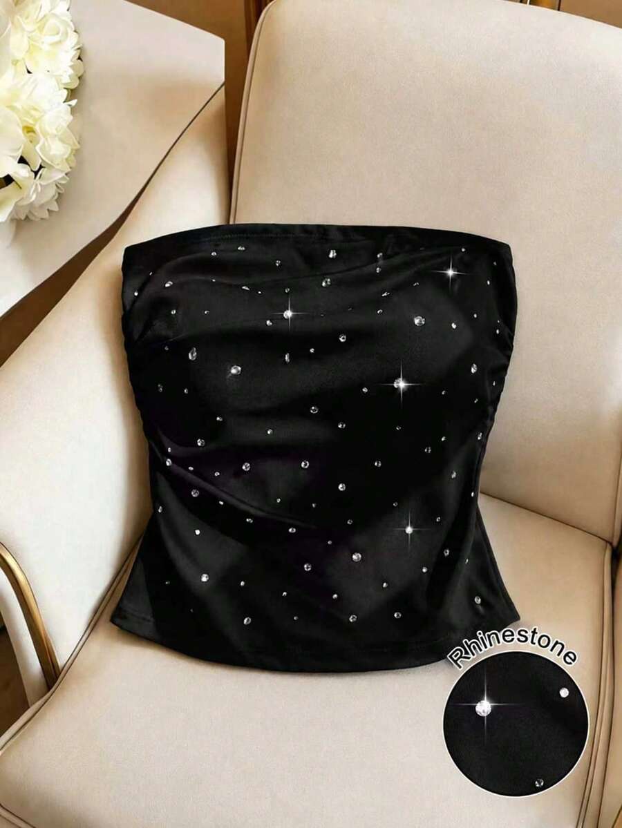 GlowEve Women's Rhinestone Embellished Bandeau Top,Black Summer 70's Club Party Disco Strapless Fitted Tube Top For Dates Holiday Festival - Black - View 1