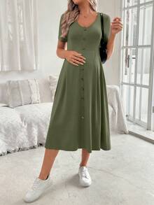 Cheriluna Maternity 女款優雅V領短袖A字版型鈕扣裝飾孕婦洋裝，夏季 - 軍綠色 - 查看 4