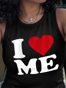 Maweii Plus Size Casual Slogan Graphic Round Neck Loose Tank Top, Summer - Black - View 3