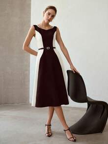 MOTF PREMIUM WOMEN'S MINIMALIST COLOR BLOCK MID-LENGTH DRESS - Burgundy - View 6