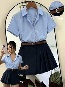 Conjunto de 2 piezas de camisa de manga corta a rayas y falda plisada de estilo casual de verano - Azul - Ver 4