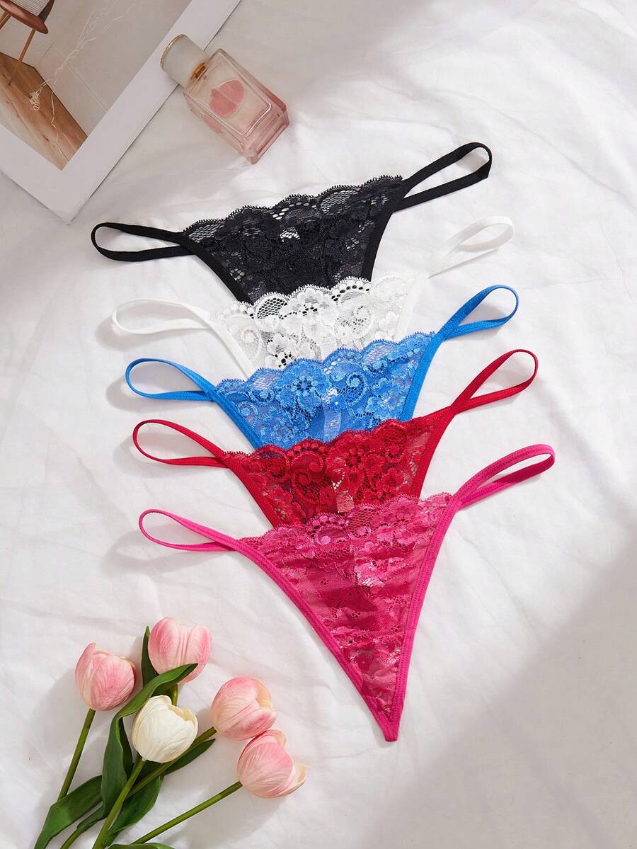 SHEIN 5pcs/Set Lace Thong Panties For Women - Multicolor - View 1
