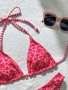 Swim Mod Women's Sweet Pink Floral Print Reversible Halter Bikini Set - Multicolor - View 5