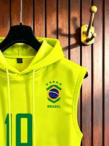 Aesthetic Post Áo khoác gile hoodie nam có túi, in chữ chủ đề Brazil, màu xanh neon - Màu vàng - Xem 4